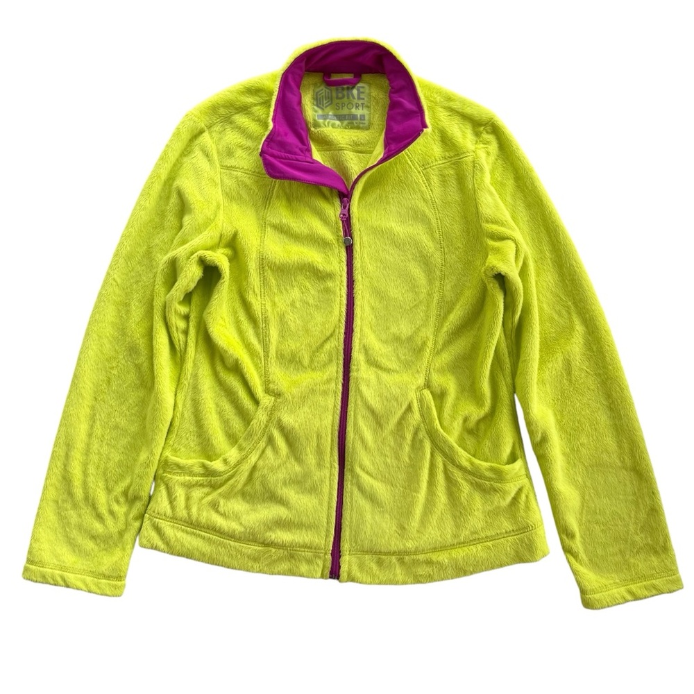 BKE Sport Women’s L Green Yellow Neon Contrast Zip, Plush Fleece Athletic Jacket